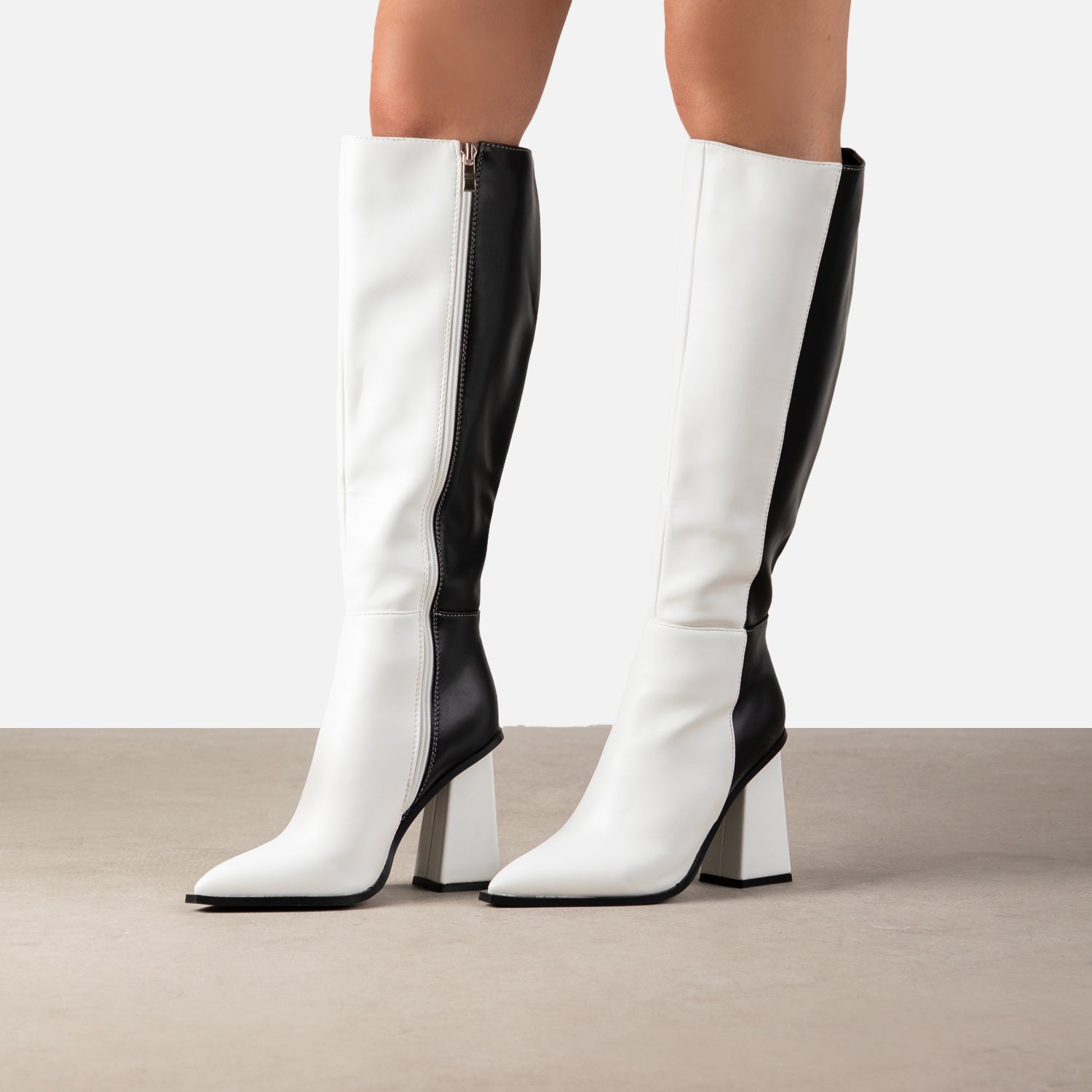 RAID Montenaa Block Heeled Long Boots in Black & White