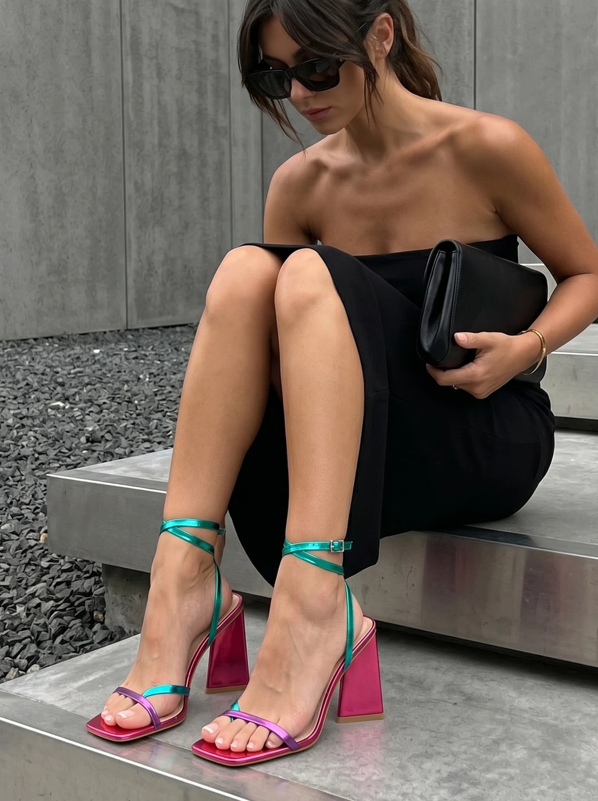 RAID Amora Lace Up Block Heel in Pink Multi