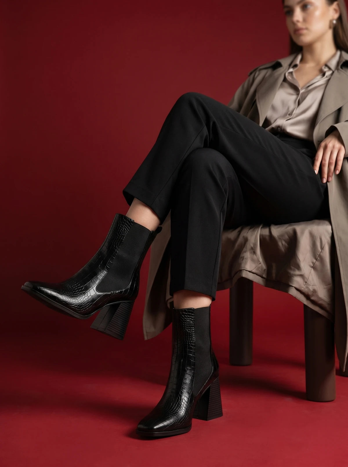 RAID Constant Block Heeled Ankle Boot in Black Croc