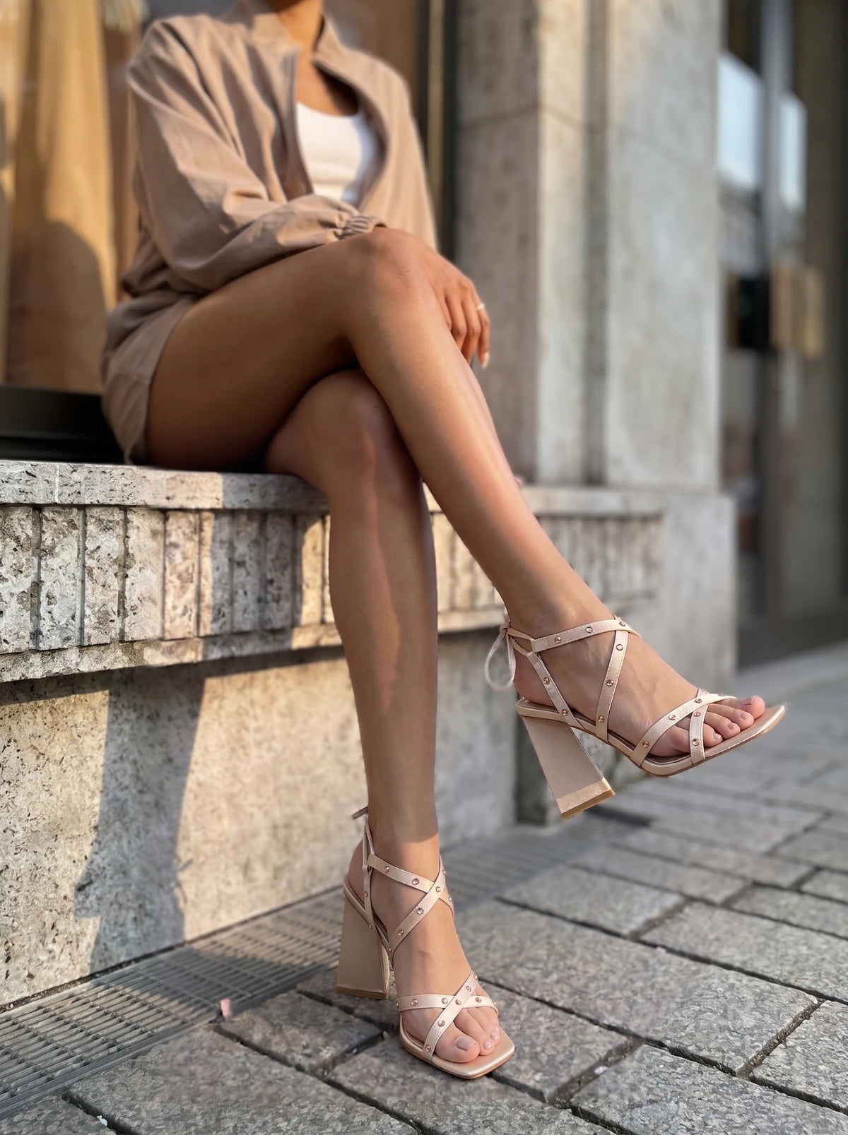 RAID Elnora Embellished Strappy Block Heel In Nude