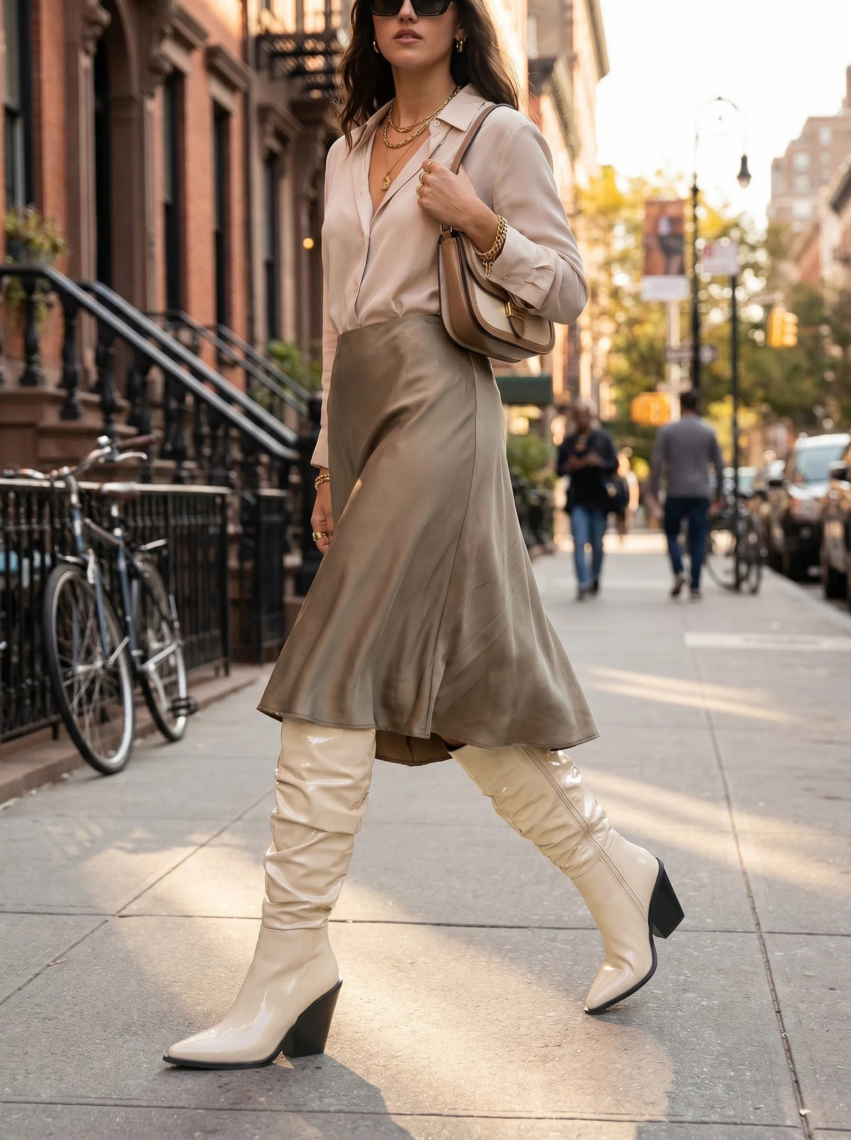 RAID Estacia Ruched Long Boot in Off White Patent