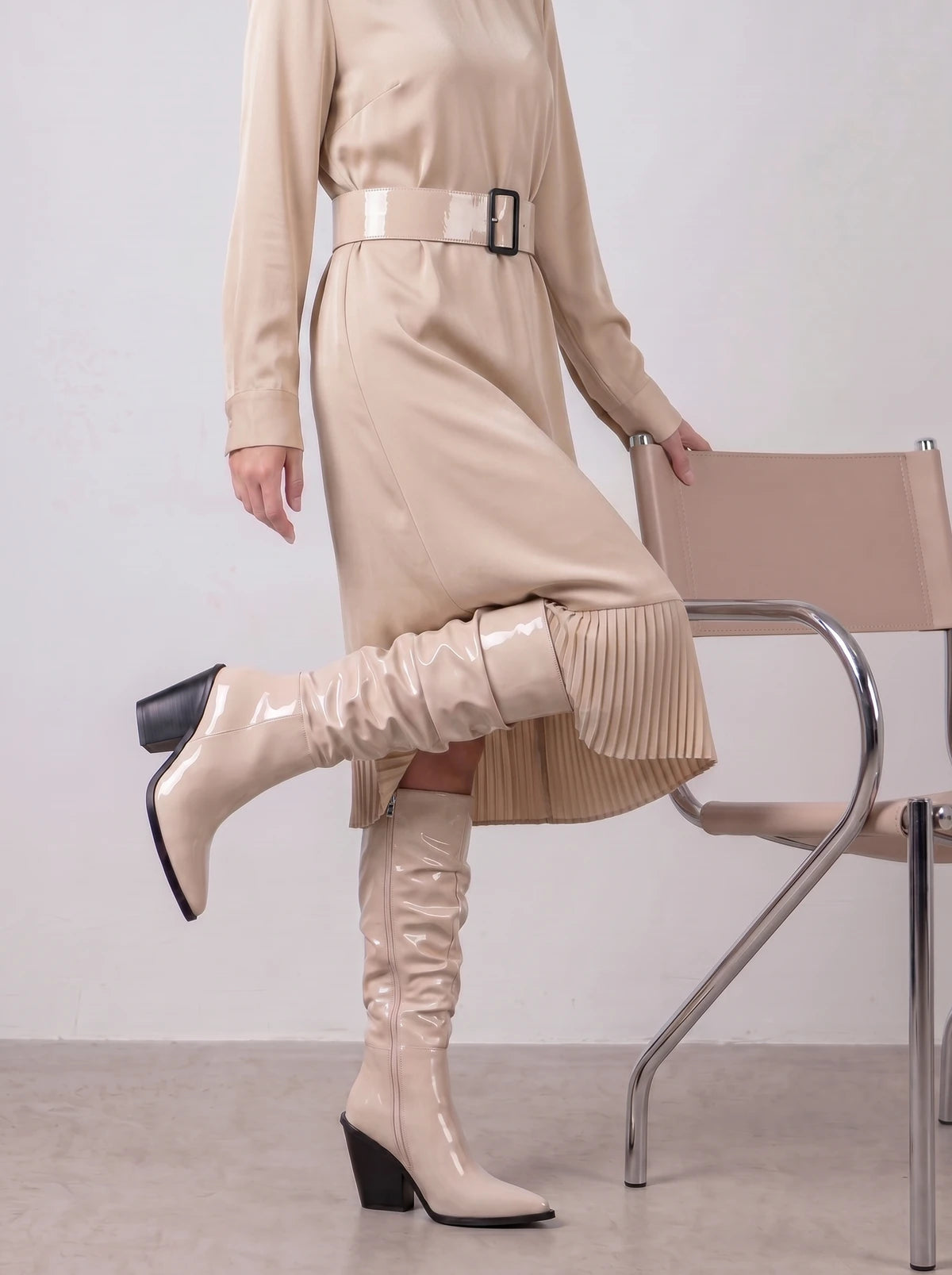 RAID Estacia Ruched Long Boot in Off White Patent