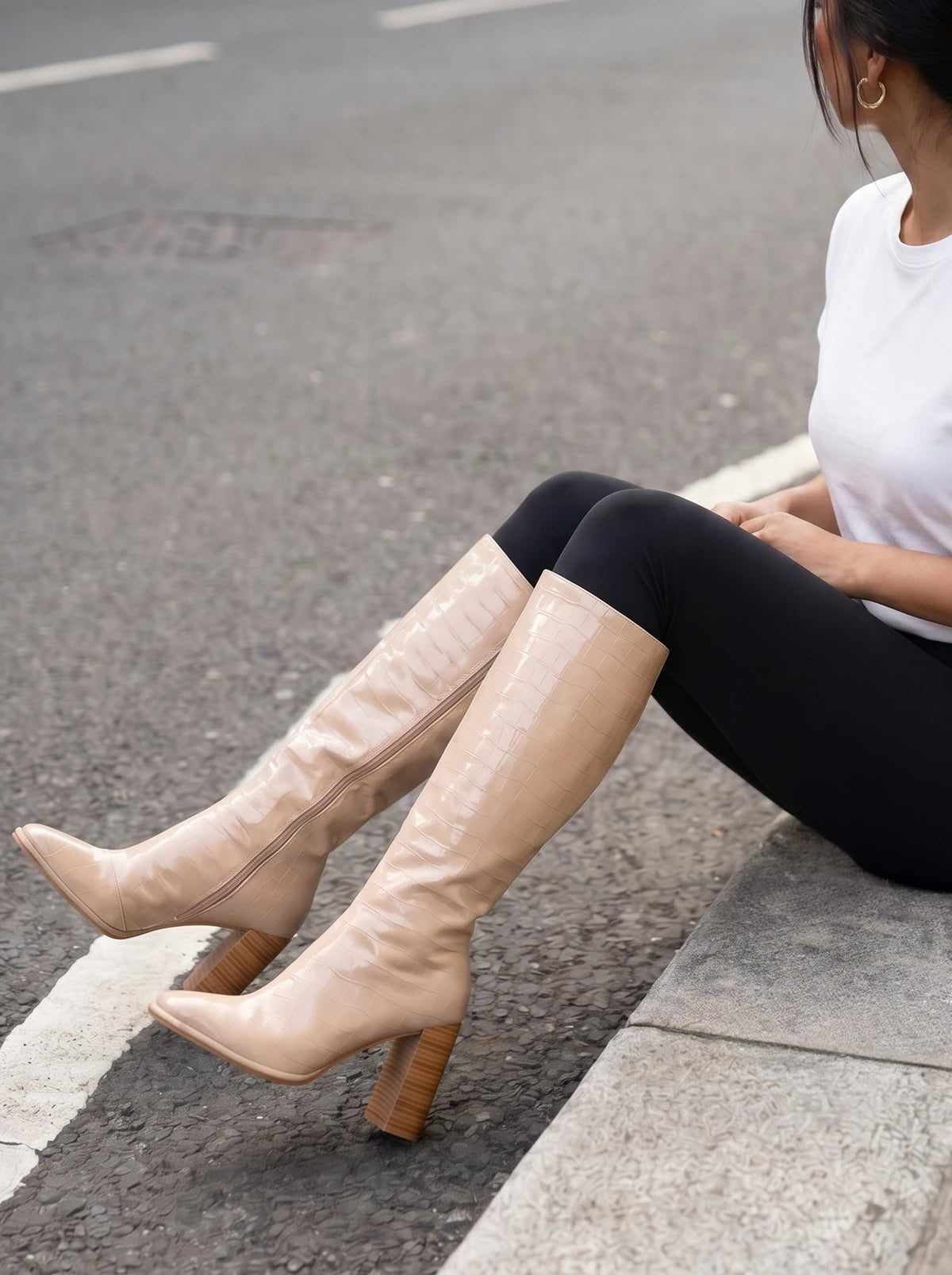 RAID Ivonne Block Heeled Boot in Cream Croc