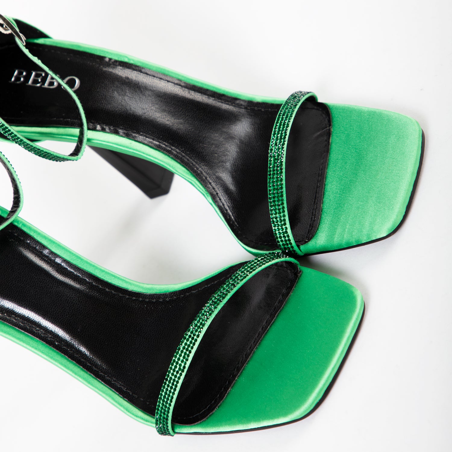 BEBO Cassidy Heeled Sandal in Green Satin