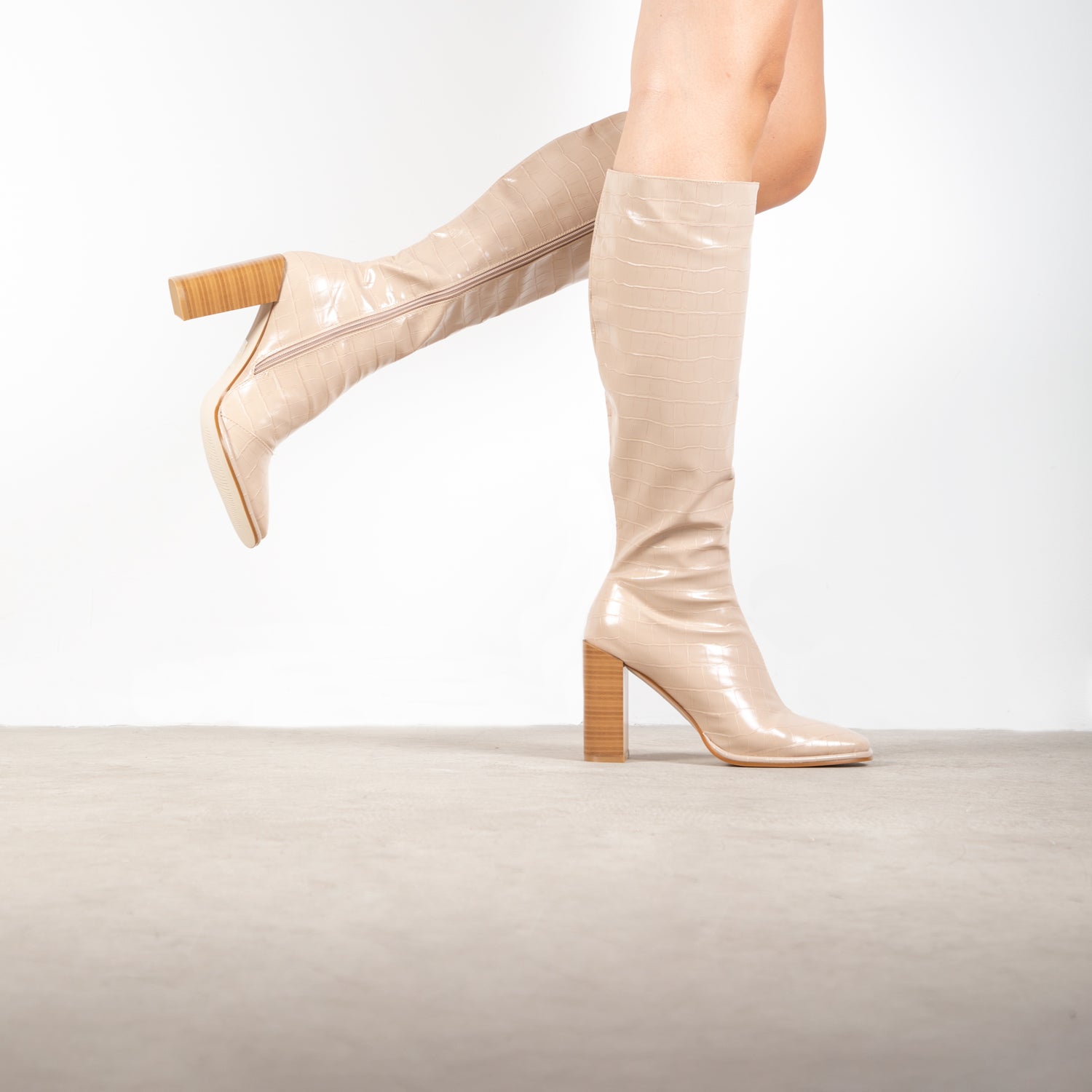 RAID Ivonne Block Heeled Boot in Cream Croc