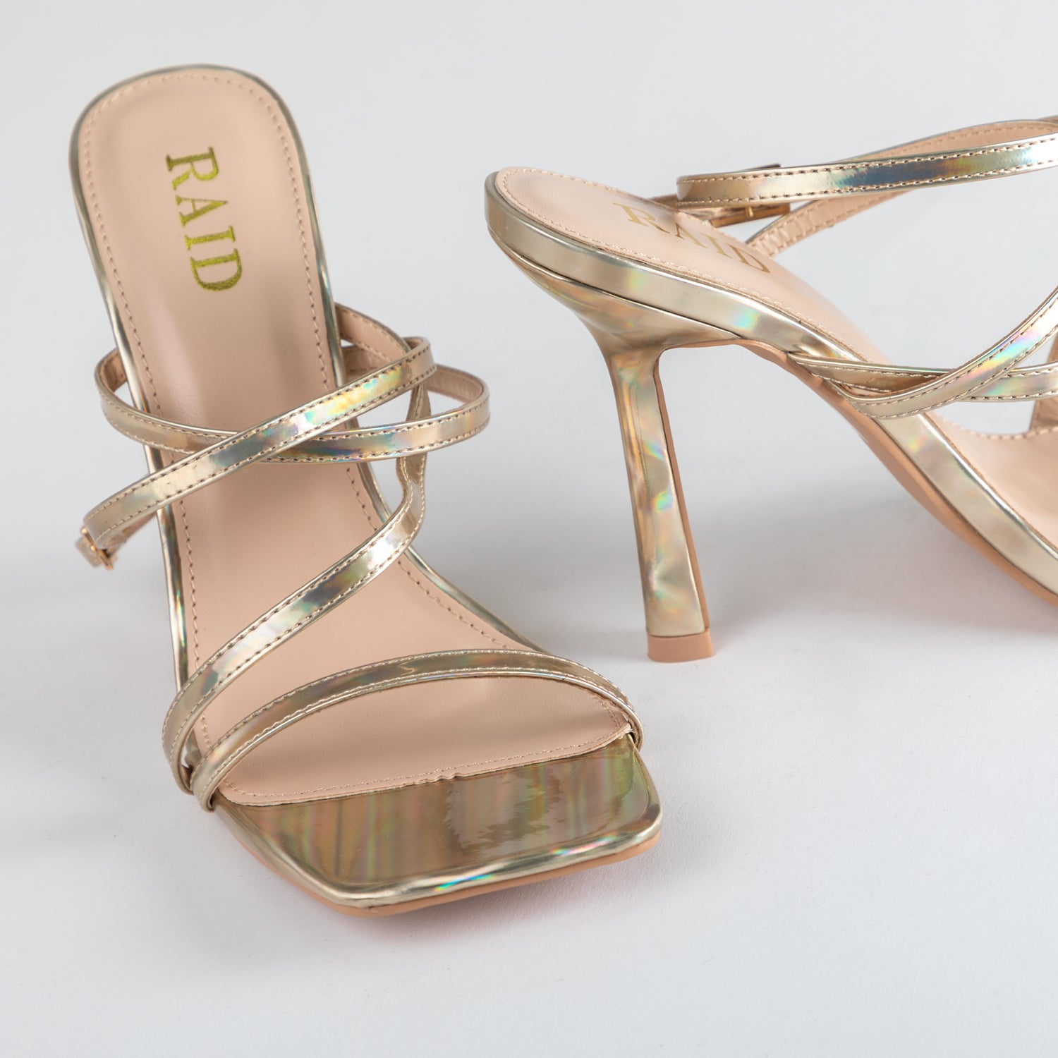 RAID Naveena Strappy Stiletto Heel in Gold Holographic