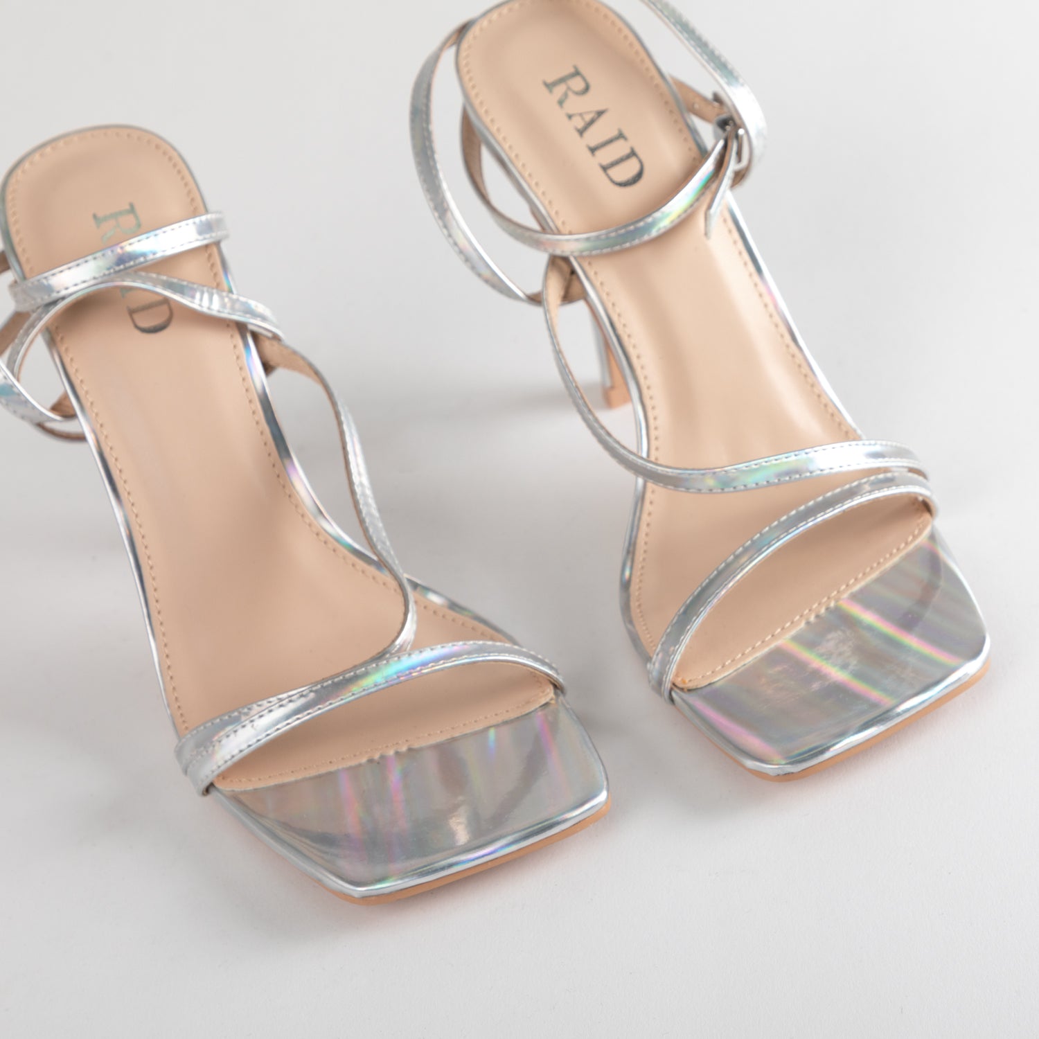 RAID Naveena Strappy Stiletto Heel in Silver Holographic