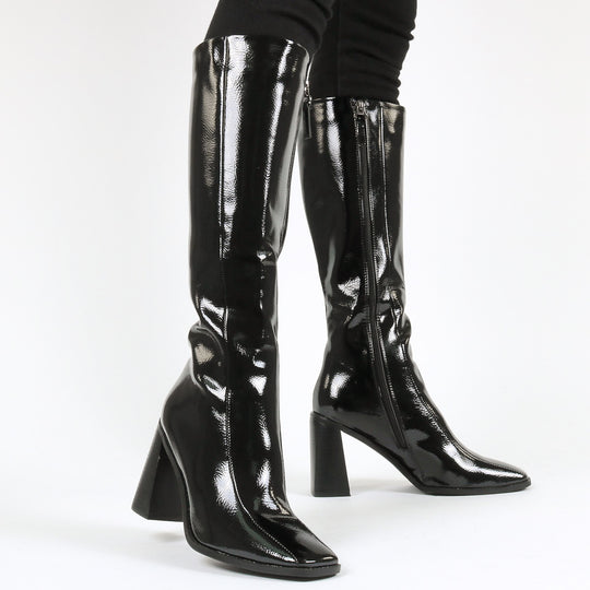 RAID Lenore Knee High Boot in Black Crinkle Patent