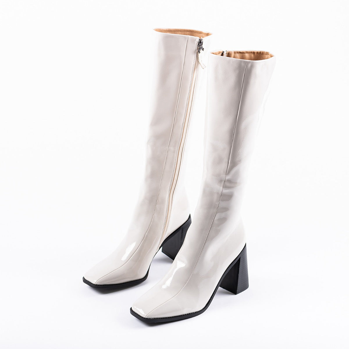 RAID Lenore Knee High Boot in Off White Crinkle Patent
