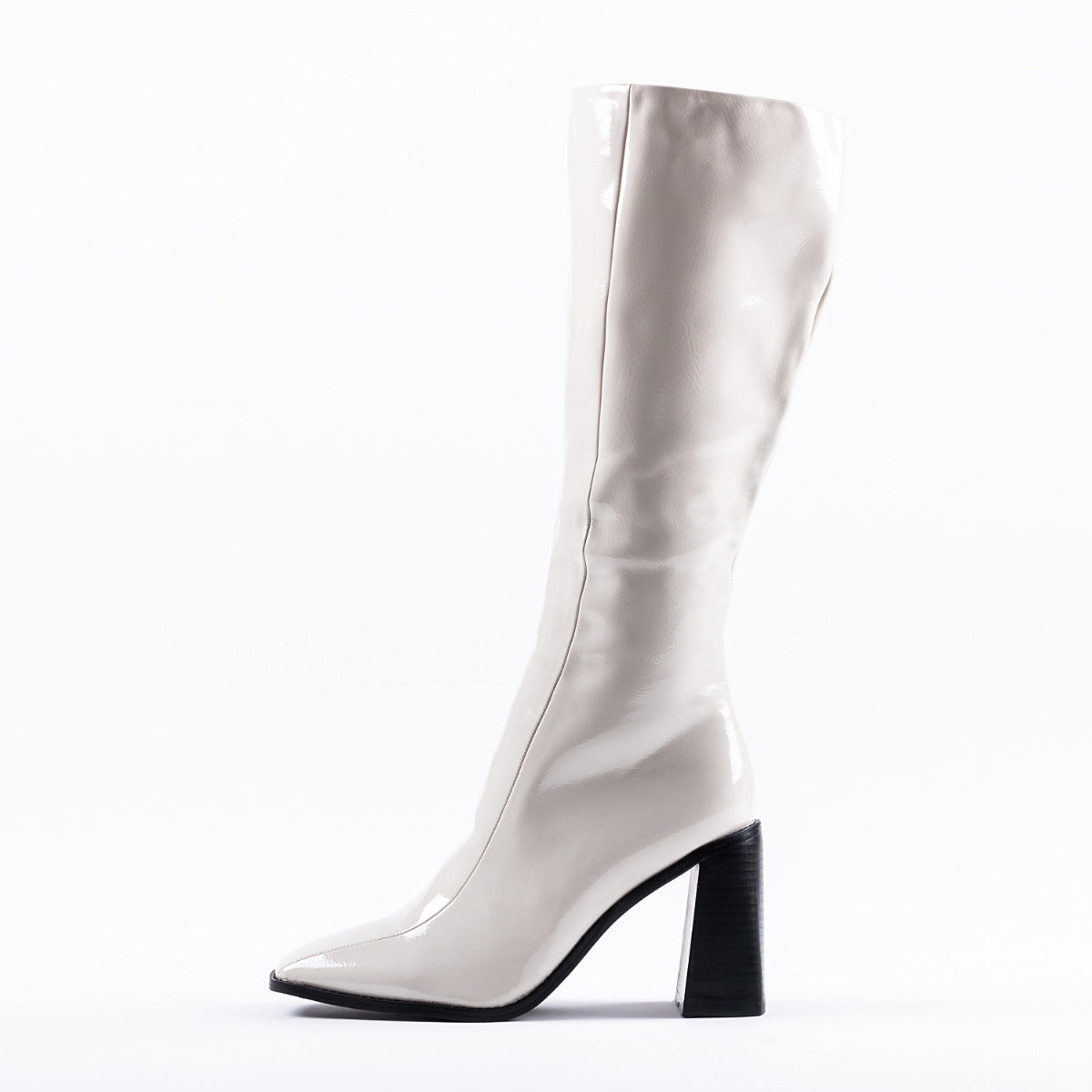 RAID Lenore Knee High Boot in Off White Crinkle Patent